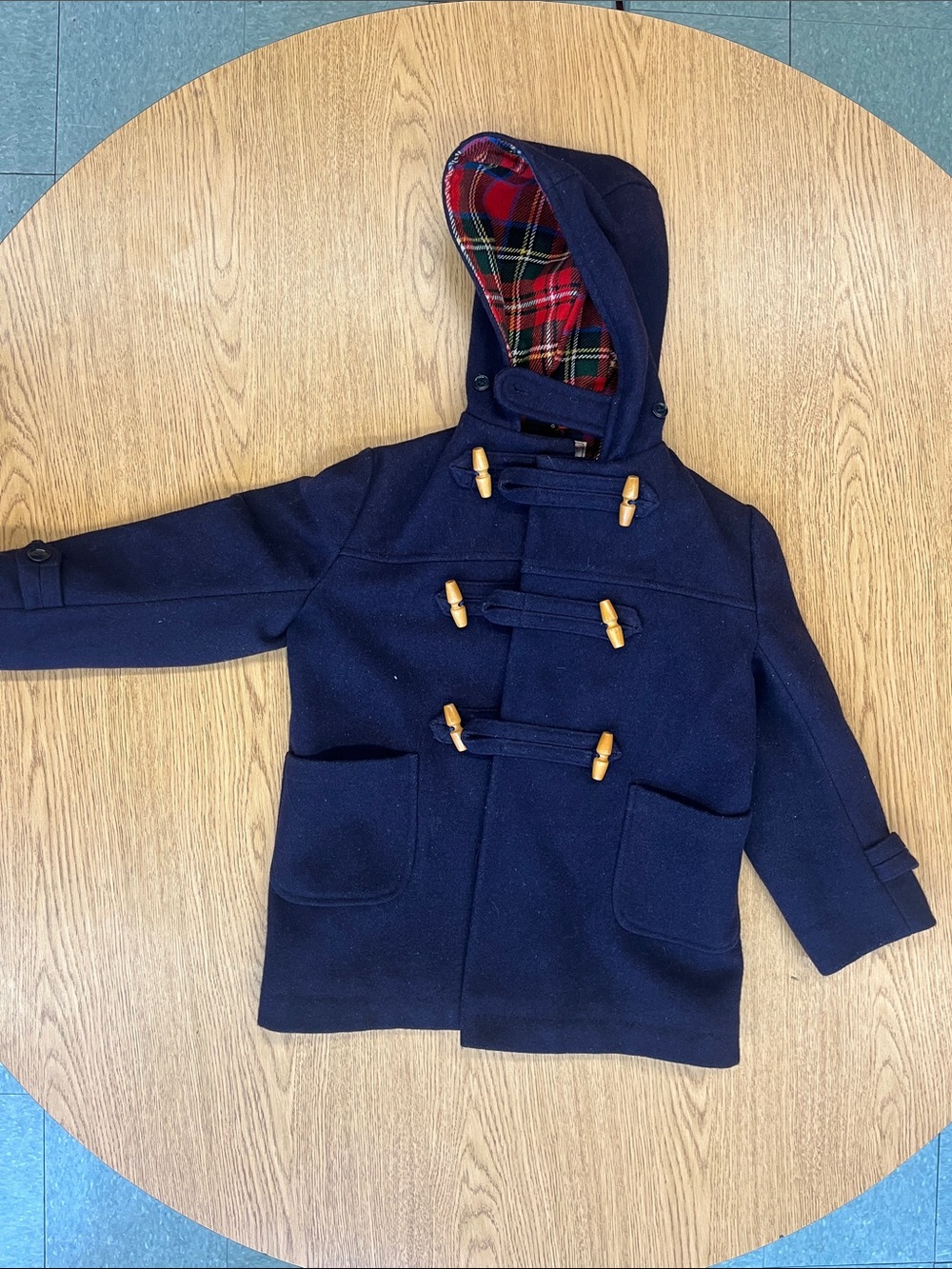 Kids Navy Toggle Duffle Coat with Plaid Hood Lining made in England